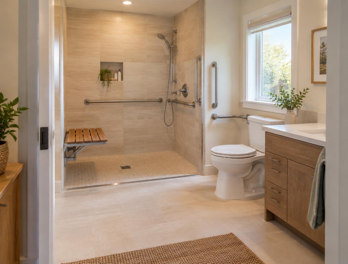 Low-threshold shower with fold-down teak bench, grab bars and a handheld shower on a slide bar