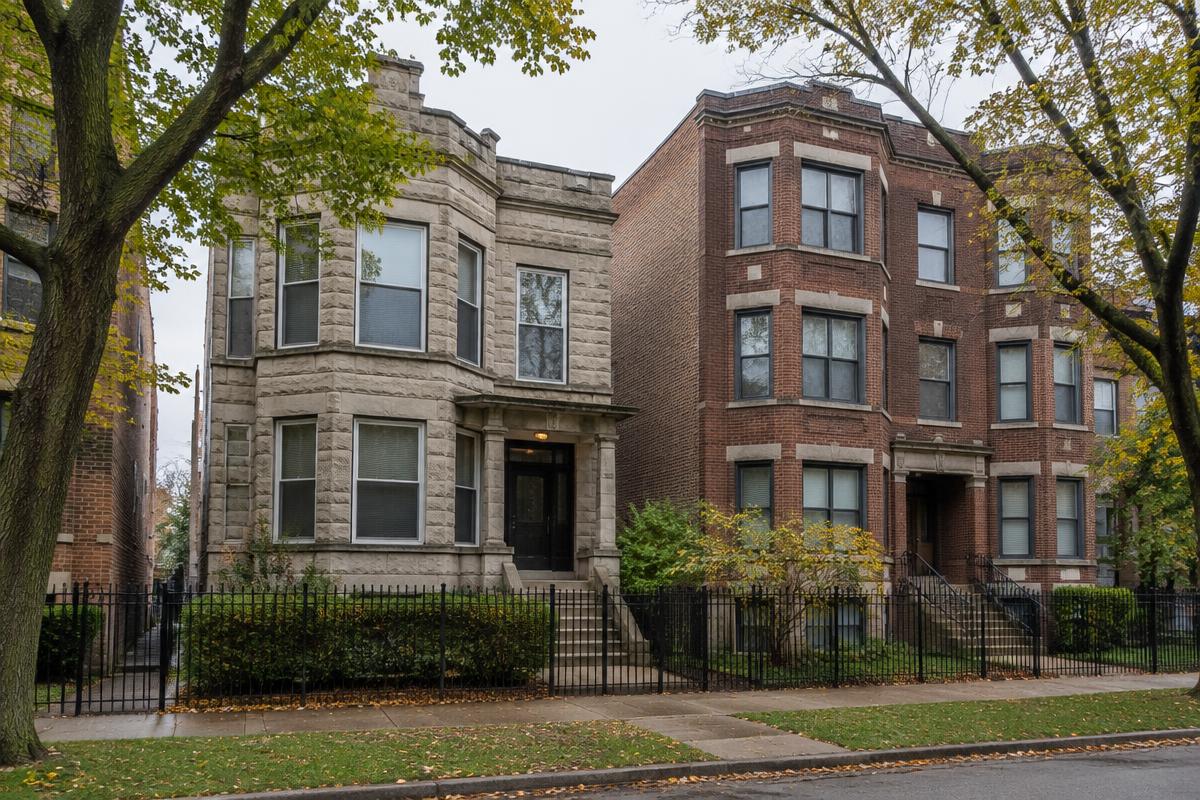 Greystone two-flat beside a brick three-flat behind iron fencing