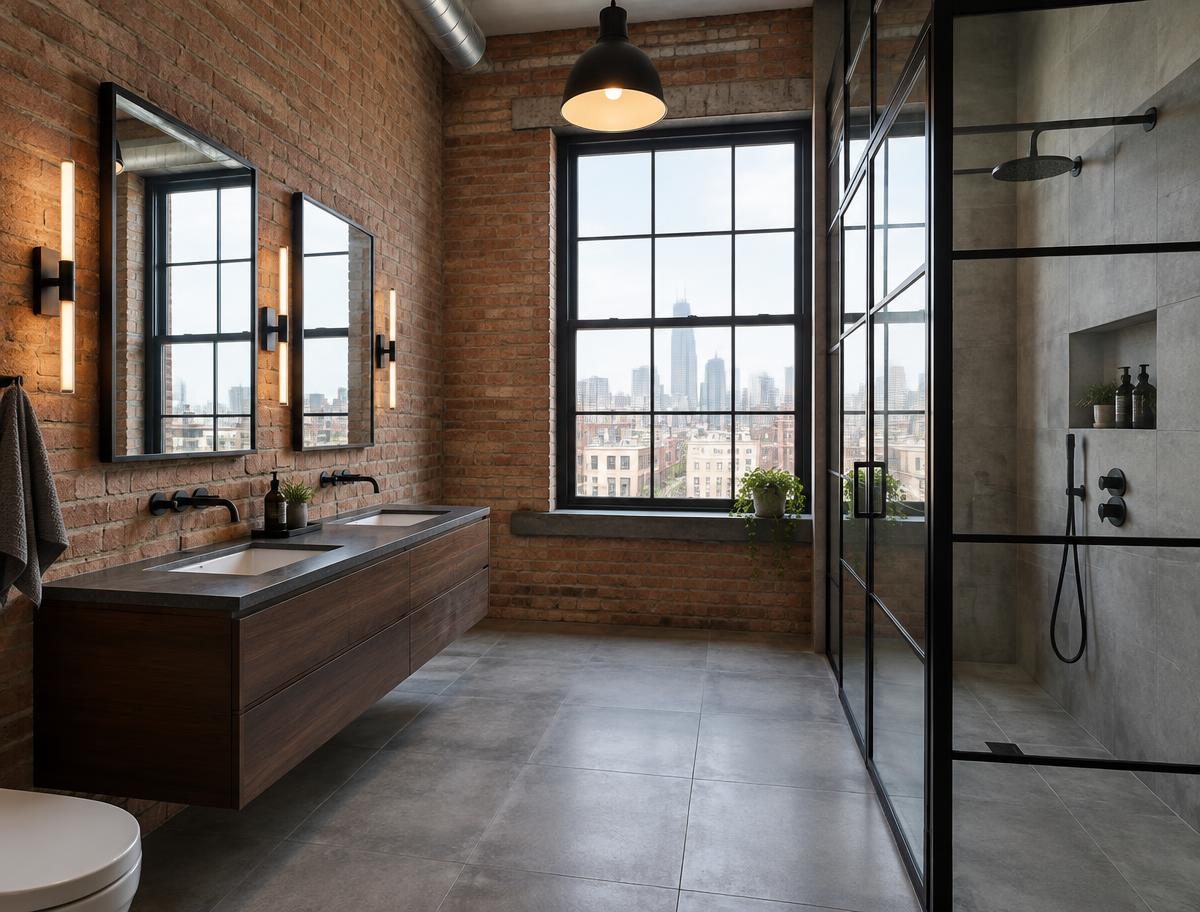 Loft bathroom with exposed brick, floating double vanity and a black-framed glass shower