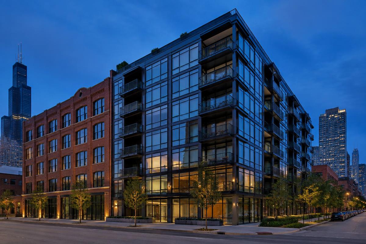 Converted brick loft building next to a modern glass condo building at dusk