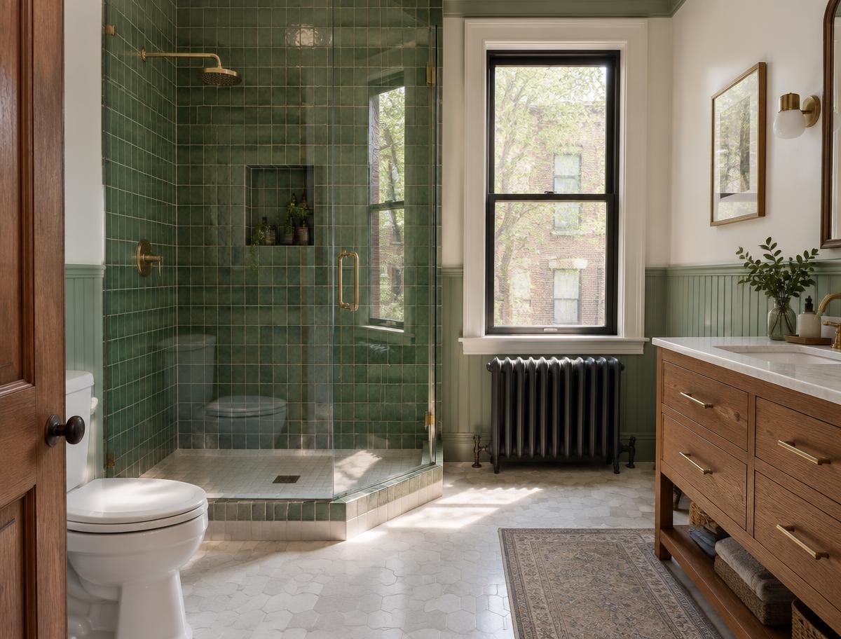 Two-flat bathroom with green tile shower, painted wainscot, cast iron radiator and oak vanity