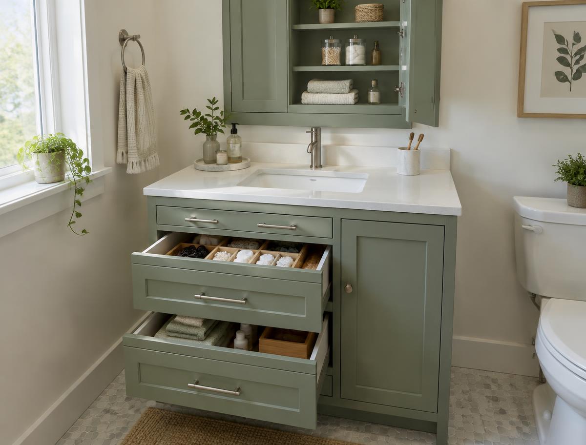 Sage green vanity with organized drawers open beneath a quartz top and recessed medicine cabinet