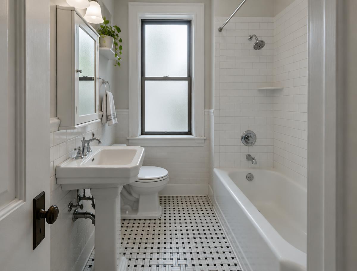 Narrow vintage apartment bathroom with pedestal sink, basketweave floor and tiled tub surround