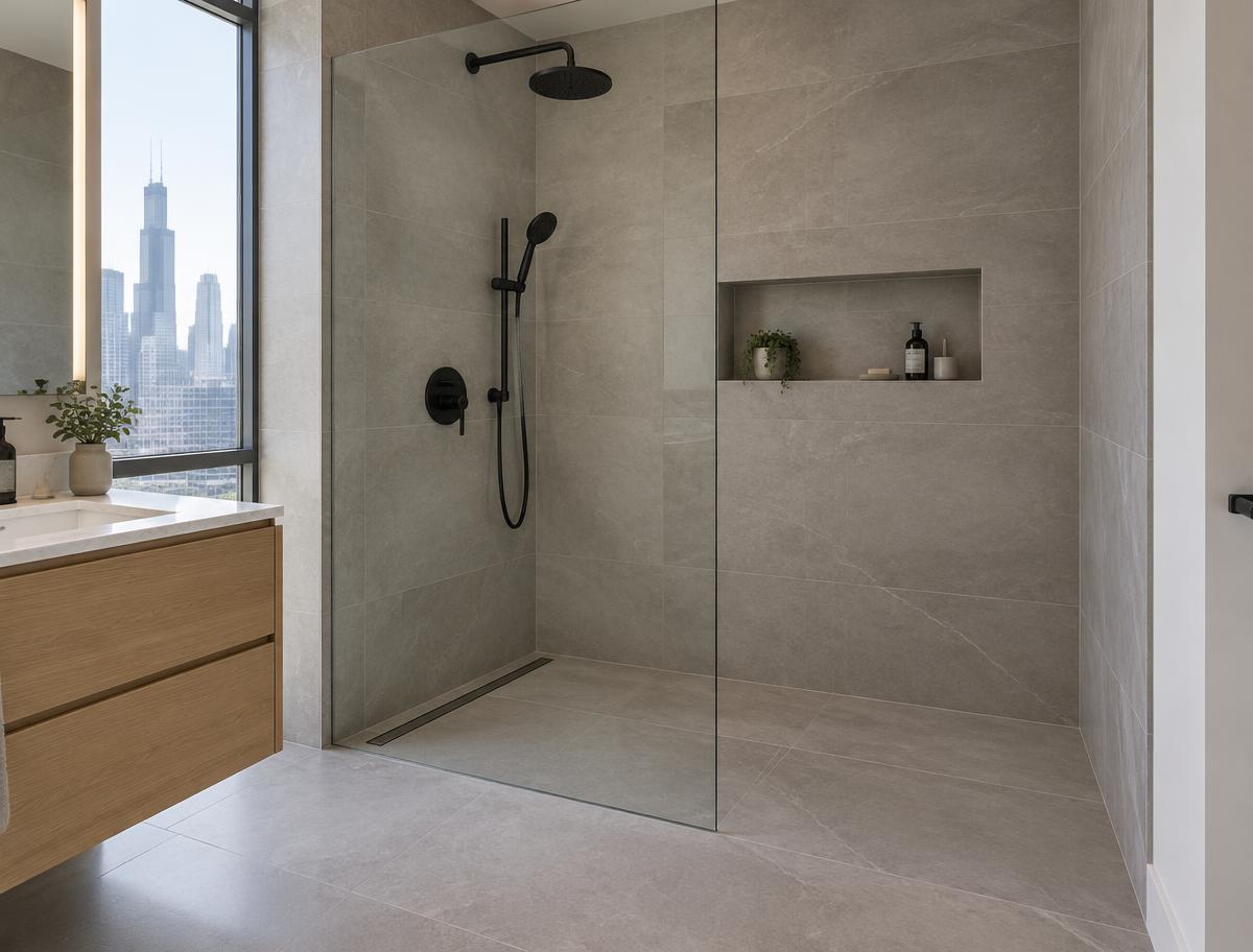 Curbless walk-in shower with large grey porcelain tile, linear drain and a single glass panel