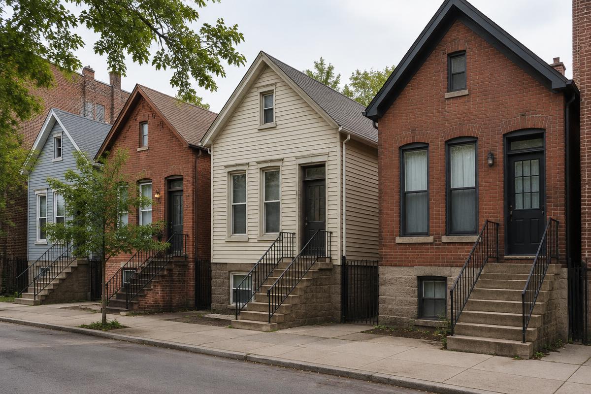 Small frame and brick worker's cottages raised above garden-level basements